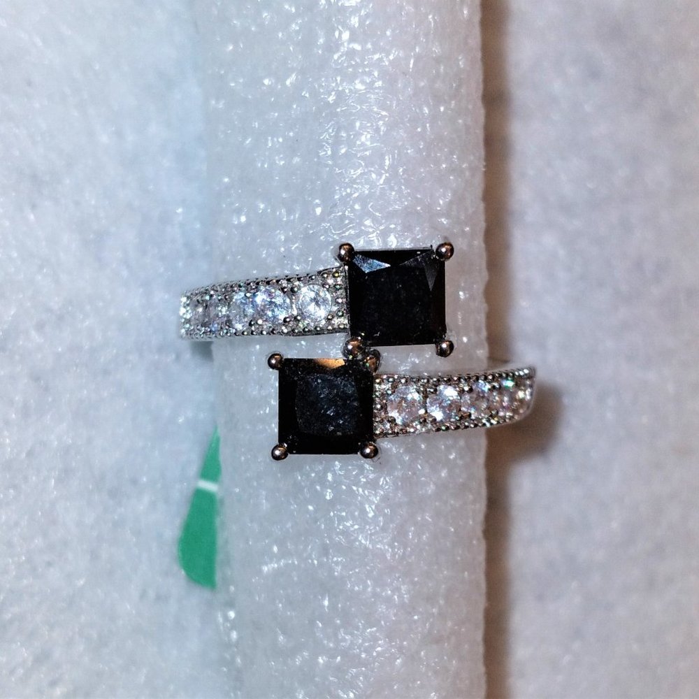 Brand New Luxury White Gold Filled Double Black Squares & White CZ Ring - Size 8